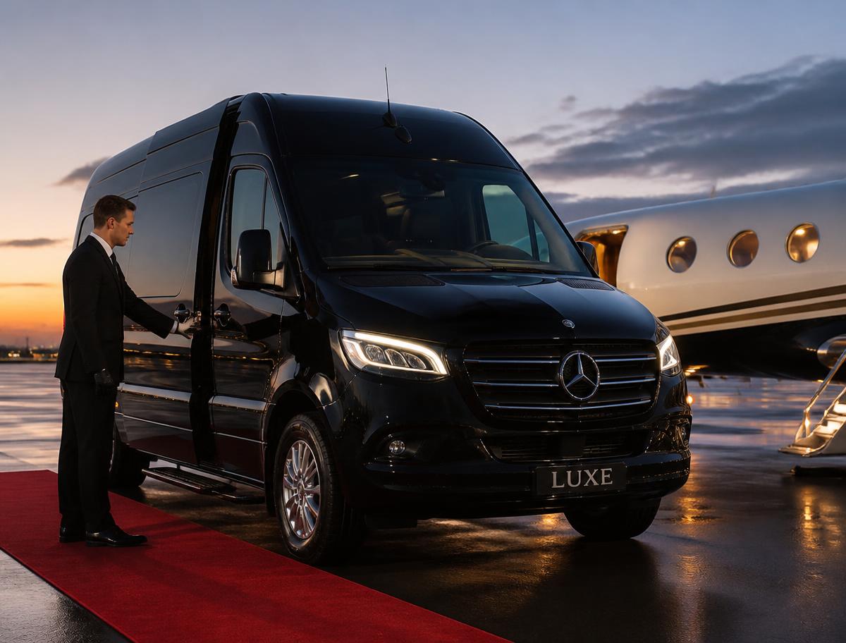 Uniformed chauffeur holding open the door of a black Mercedes Sprinter beside a private jet on an FBO apron