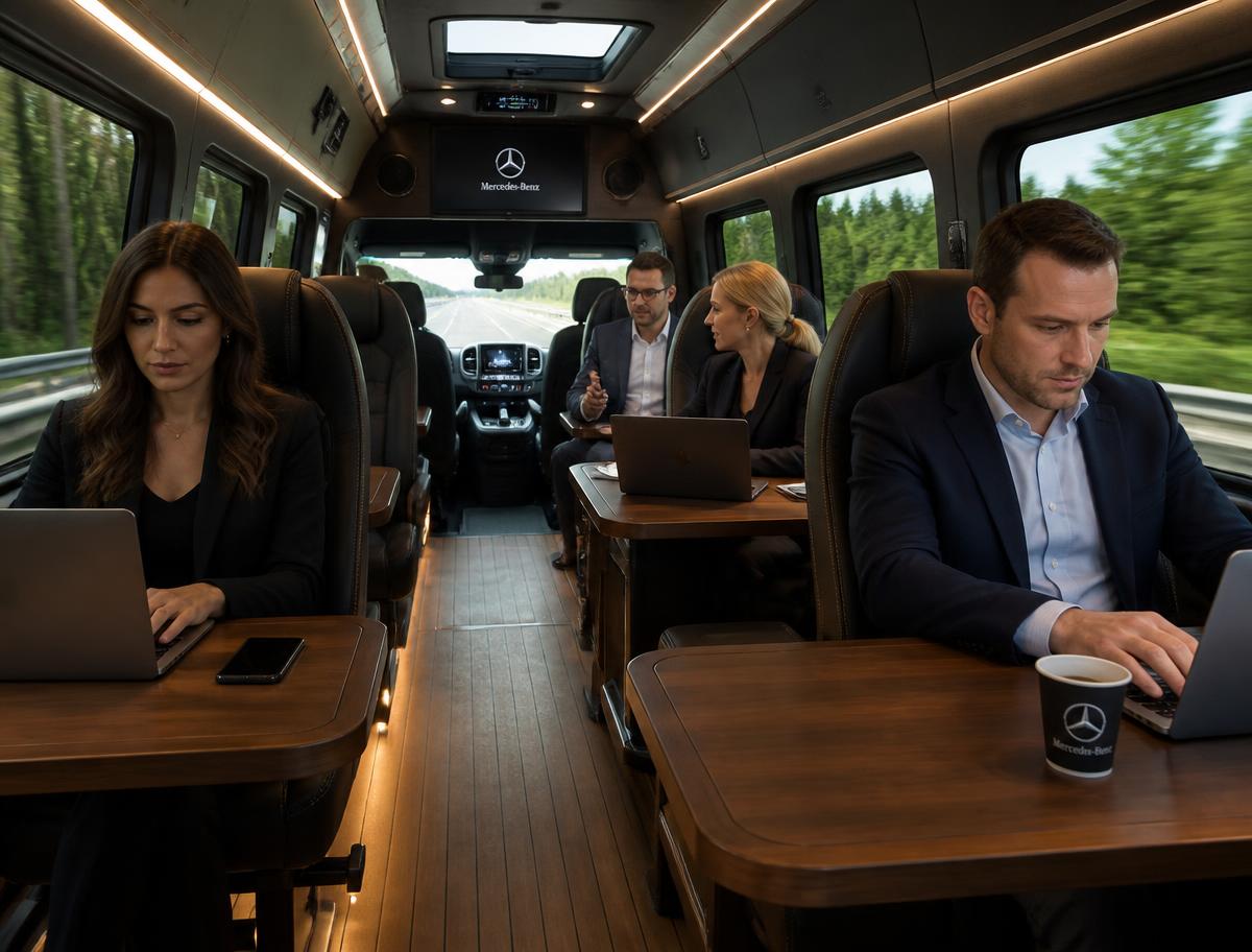 Executives working on laptops at built-in tables inside a moving luxury Mercedes Sprinter cabin