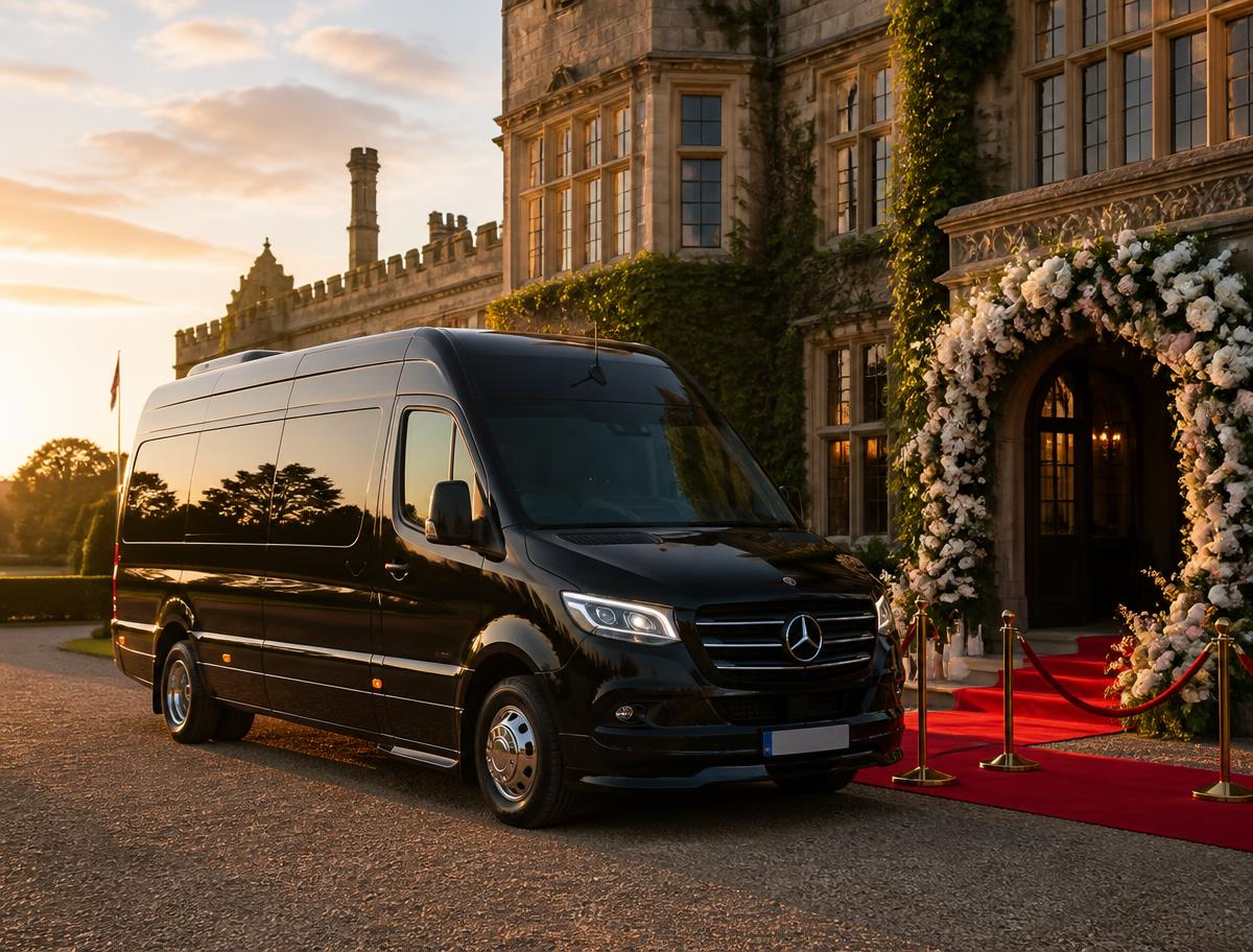 Glossy black Mercedes Sprinter parked at the doors of a grand country estate wedding venue at golden hour